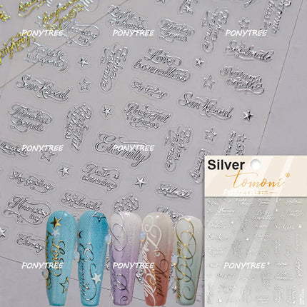 English Word Christmas Tree Calligraphy Font Reindeer Bell Gift Bowknot Starburst Adhesive Nail Charm Art Sticker Manicure Decal