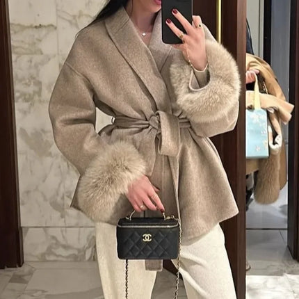 Elegant Lace Up Woolen Short Coat Solid Loose Lapel Furry Long Sleeve Belt Waist Jacket 2026 Spring Autumn Lady Chic Cardigan