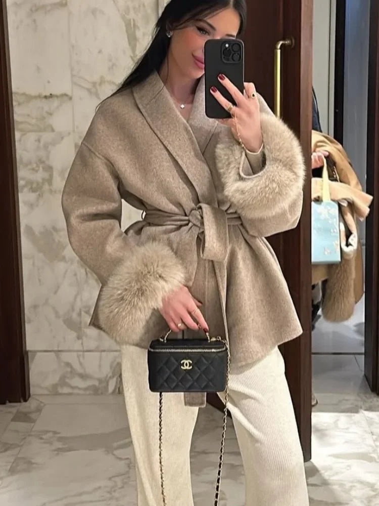 Elegant Lace Up Woolen Short Coat Solid Loose Lapel Furry Long Sleeve Belt Waist Jacket 2026 Spring Autumn Lady Chic Cardigan