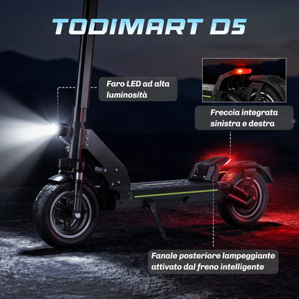 Monopattino elettrico Todimart D5S 490W 48V 10.4AH, autonomia 24KM, pneumatici fuoristrada da 10 pollici, sistema di sospensioni rigide, monopattino elettrico per adulti con APP.