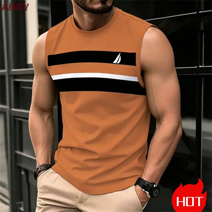 Men's Casual Striped Sleeveless T-Shirt, Men's Summer Tank Top, Casual Vest, Oversize Apparel.
