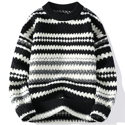 Winter Men's Loose Pullover Male Slim Fit Fashion Knitted Sweater Man Thick Warm Pull Homme Retro Stripe Sweaters