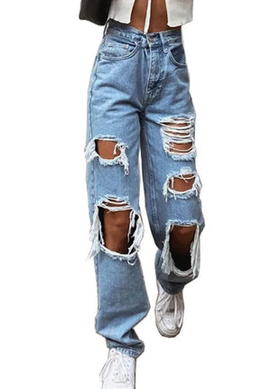 Jeans in denim effetto consumato da donna Pantaloni a tubo larghi casual dritti con foro strappato Street Style