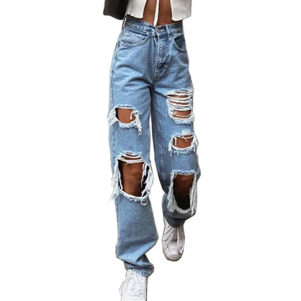 Jeans in denim effetto consumato da donna Pantaloni a tubo larghi casual dritti con foro strappato Street Style
