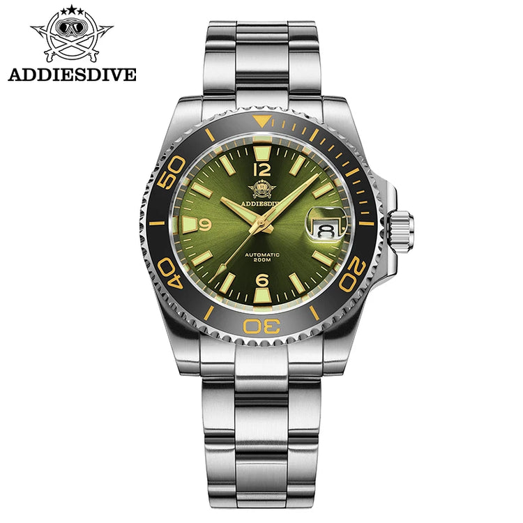 ADDIESDIVE Men Fashion Diving Mechanical Watch, Sapphire Crystal 20Bar Ceramic Bezel Super Luminous Stainless Steel Personalized