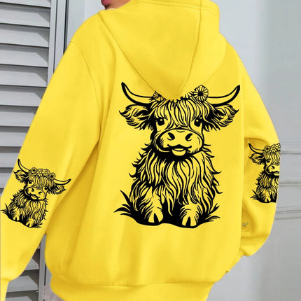 Cute Hair Cow Cartoon Printing Hoodies Womens Fleece Autumn Streetwear Comfortable Casual Hoodie Y2K Pocket All-Match Hoody