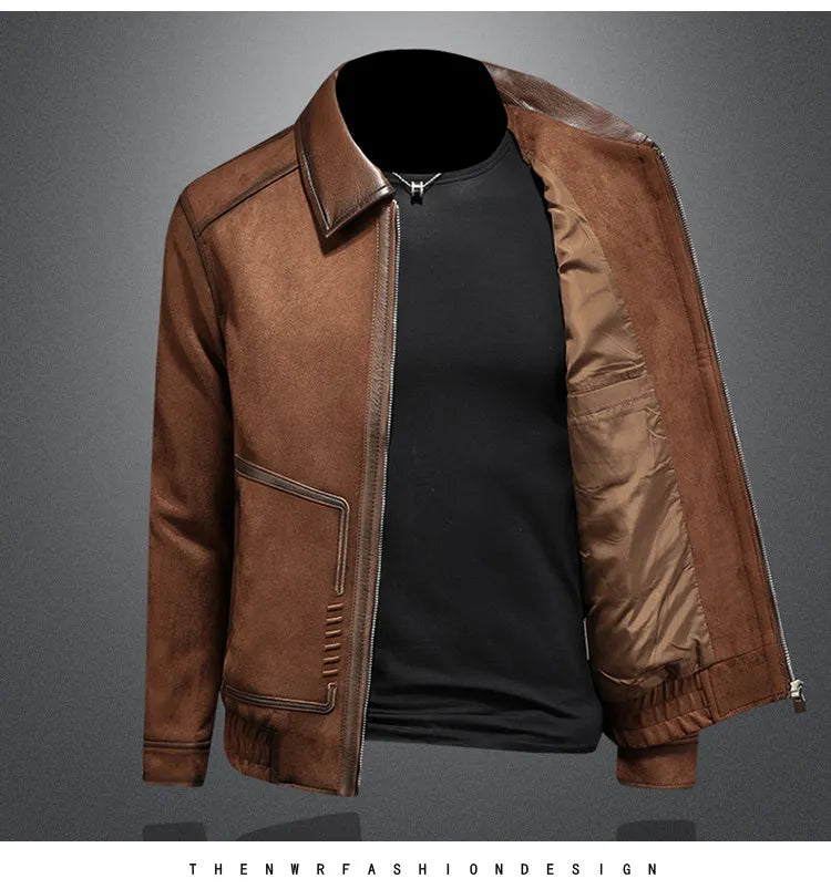Minglu Faux Leather Autumn Winter Men's Jackets Luxury Solid Color Turn Down Collar Zipper Casual Male Coats Man Outerwear 4XL