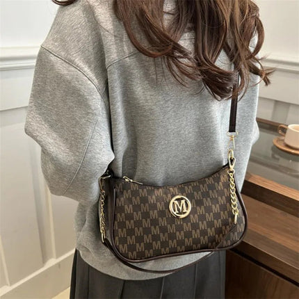 Vintage Style Handbag Crossbody Bag, Gold Letter 'M' Design Pu Leather Shoulder Messenger Bag, Synthetic Leather Tote Bag, Purse PlatiNum