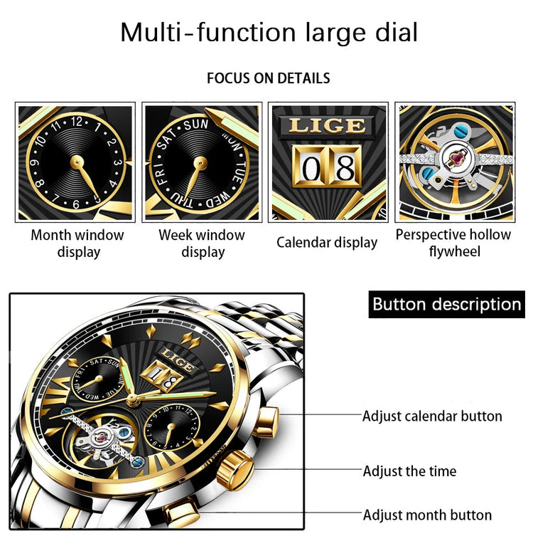 Orologi da Polso Meccanici Automatici LIGE 2026 per Uomo, Marca di Lusso, Orologio da Uomo con Tourbillon, Moda Business, Impermeabile platinumshop