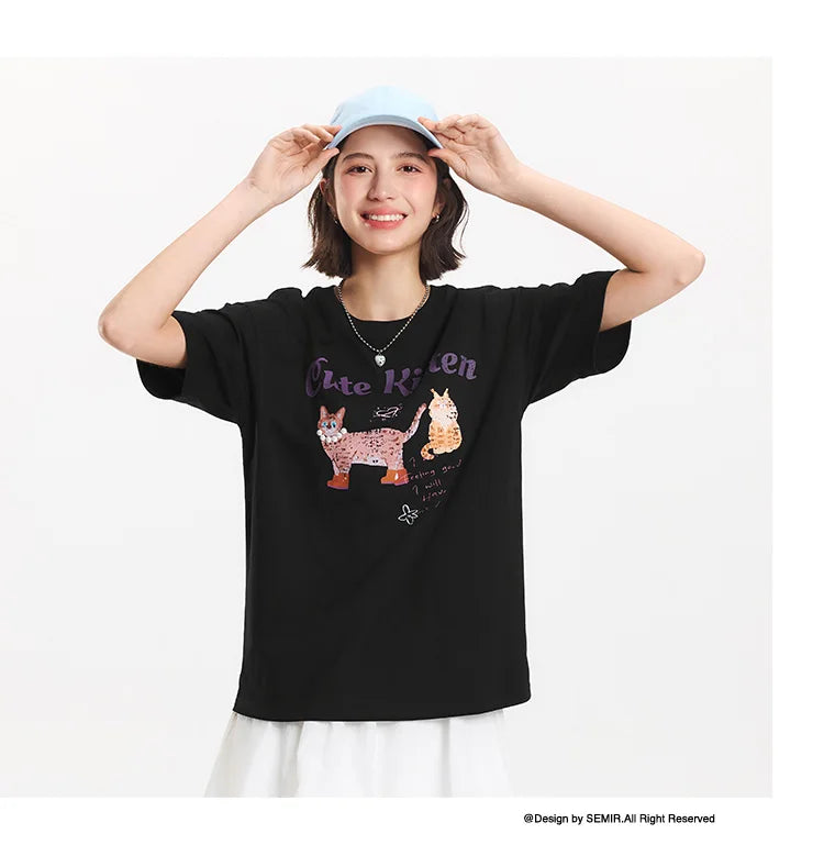 T-shirt a maniche corte Semir da donna, lunghezza media, fantasia carina, stile retrò, nuova collezione estiva 2025, top ampio traspirante, stile di nicchia