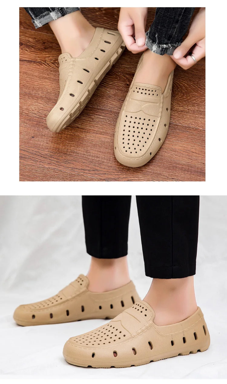Mocassini Comodi da Uomo in Pelle, Scarpe Antiscivolo da Guida, Sandali Estivi, Zoccoli Casual con Punta Tonda, Scarpe da Lavoro Slip-on