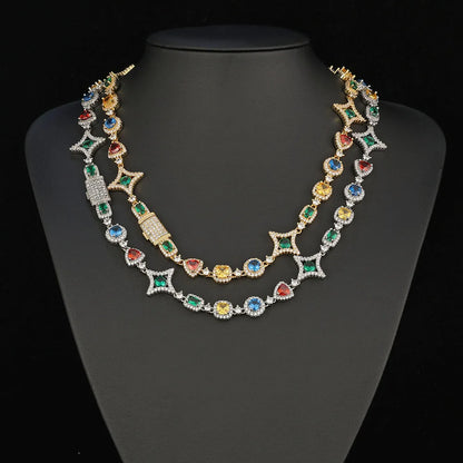 Gioielli Hip Hop Moda Zircone colorato Collana ghiacciata Bracciale a catena con pietre preziose in cristallo placcato oro bianco
