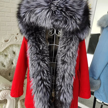 Winter Long Jacket Real Fur Coat Women Clothes Large Silver Fox Fur Collar Detachable Natural Fox Lining Parkas Leather Fur