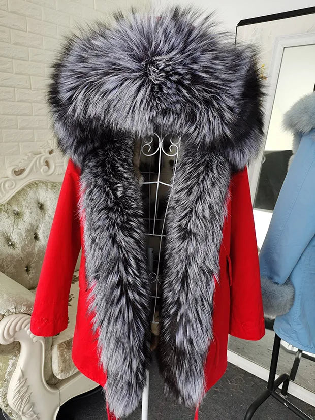 Winter Long Jacket Real Fur Coat Women Clothes Large Silver Fox Fur Collar Detachable Natural Fox Lining Parkas Leather Fur