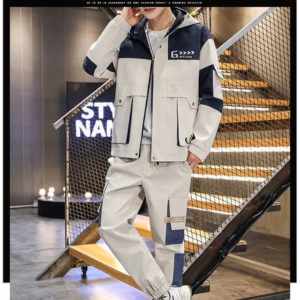 Men's Casual Sports Sets Spring Autumn Tracksuit Jogging Set Patchwork flight Hooded jacket pants two Piece