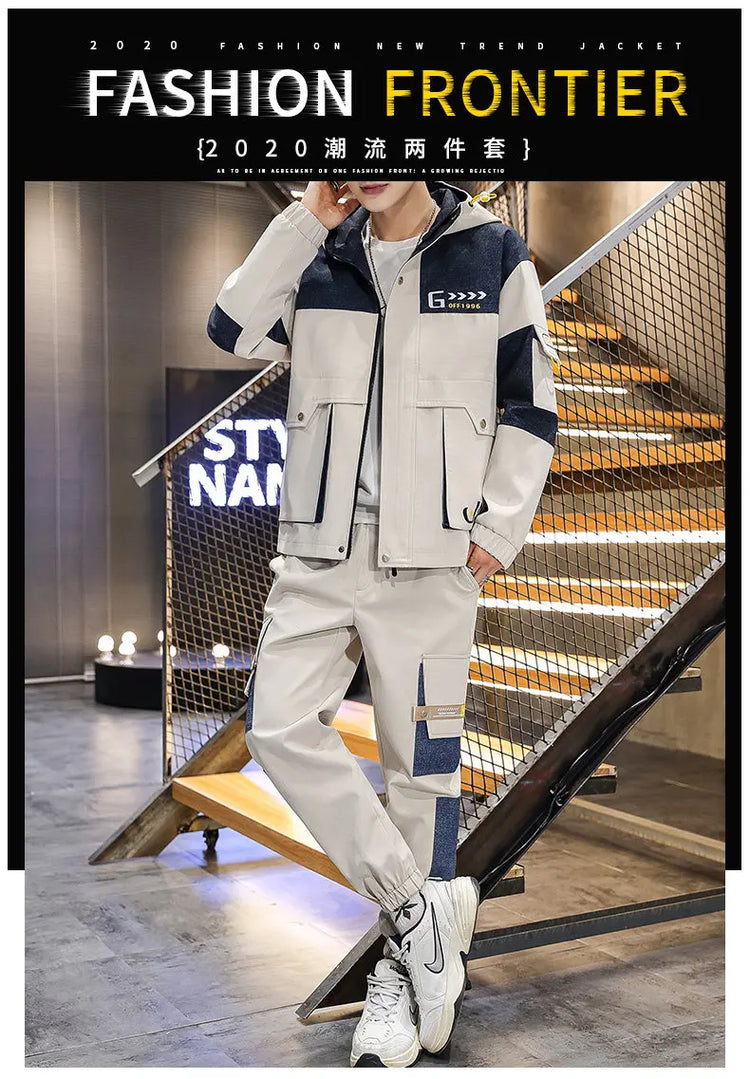 Men's Casual Sports Sets Spring Autumn Tracksuit Jogging Set Patchwork flight Hooded jacket pants two Piece