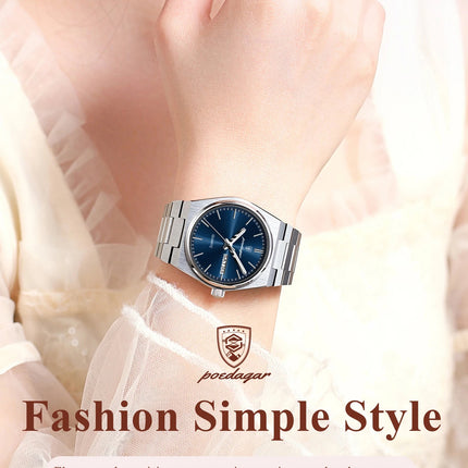 POEDAGAR Top squisito orologio da polso da donna impermeabile al quarzo luminoso orologio da donna casual data settimana orologi da donna in acciaio inossidabile platinumshop