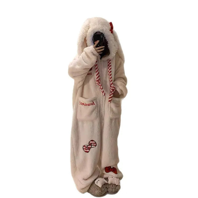 New Sweet and Cute Bow Rabbit One-piece Pajamas Women's Winter New Fleece Thickened Coral Fleece Large Size Loungewear Sleepwear
