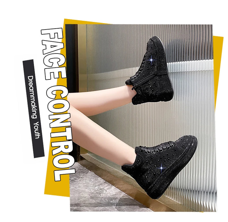 Designer Platform Sneakers Full Diamond Luxury Shoes Versatile Flat Bottom High-top Casual Skateboard Shoes Zapatos De Mujer