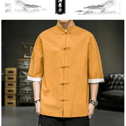 Camicia stile giapponese da uomo estiva cinese colletto rialzato Yukata Kimono Samurai Indossare T-shirt color block Hanbok Cappotto casual