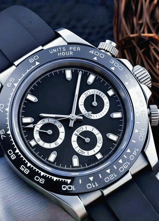 Orologi Meccanici Automatici di Lusso da Uomo 40mm, Cinturino in Acciaio Inossidabile Spazzolato, Elegante Quadrante Panda Nero Blu, Luminoso a Lunga Durata