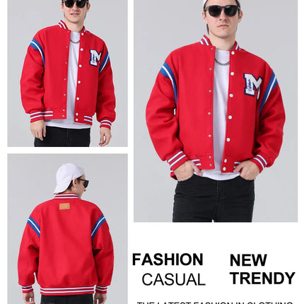 Men's Casual Letterman Jacket Varsity Baseball Coat Vintage Racing Style Streetwear Outerwear with Fine M Letter Embroidery