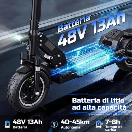 Monopattino Elettrico TODIMART D6 per Adulti, Pneumatici Fuoristrada da 10 Pollici, Autonomia 45-50KM, Batteria 48V 13AH, Motore 500W, Monopattino Elettrico Pieghevole, Doppi Freni e Sospensioni, 3 Modalità di Velocità