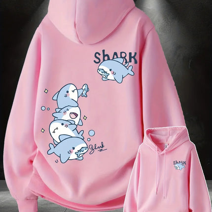 2026 Hoodie men's cute stacked cartoon shark pattern print autumn and winter loose casual pullover sweatshirt