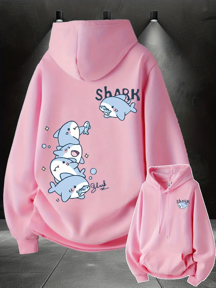 2026 Hoodie men's cute stacked cartoon shark pattern print autumn and winter loose casual pullover sweatshirt