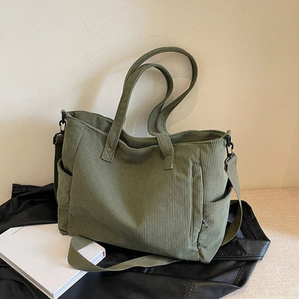 Women Corduroy Tote Bag Casual Multi Pocket Handbag Adjustable Strap Crossbody Sling Bag Zipper Shoulder Bag Fall Winter Bag PlatiNum