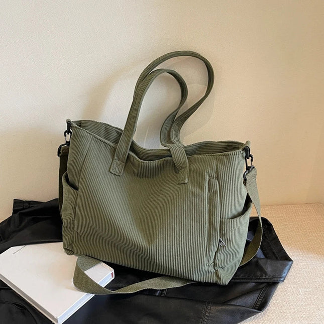 Women Corduroy Tote Bag Casual Multi Pocket Handbag Adjustable Strap Crossbody Sling Bag Zipper Shoulder Bag Fall Winter Bag PlatiNum