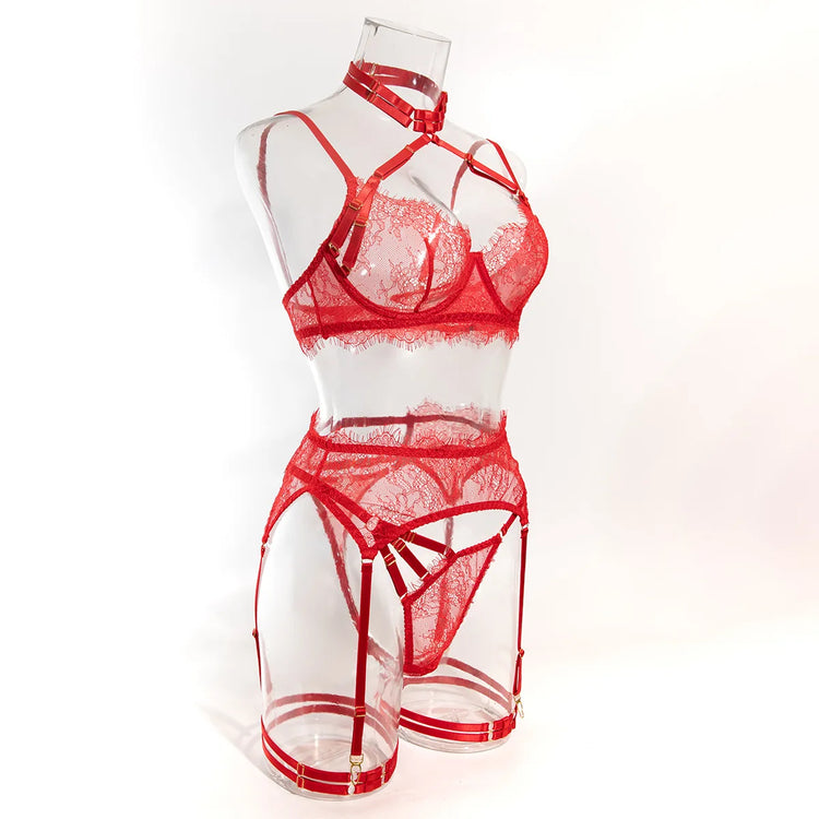 Sexy Lingerie Lace Women's Intimates Sets Sheer See Through Push Up Bra with Garter Belt Fancy Luxury Underwear Erotic Outfits