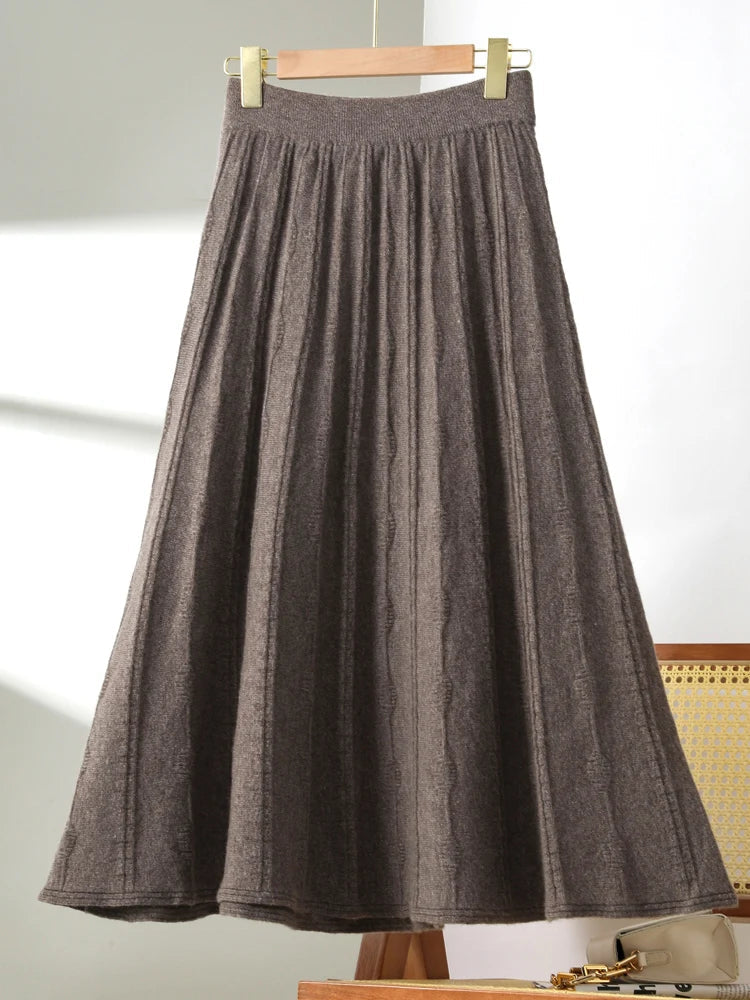 TLOML New Women's 100% Merino Wool Knitwear Wool Skirt Autumn Winter Long Pleated Skirt Grace Soft Warm Comfy Chic Dress Skirt PlatiNum