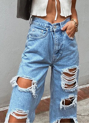 Jeans in denim effetto consumato da donna Pantaloni a tubo larghi casual dritti con foro strappato Street Style