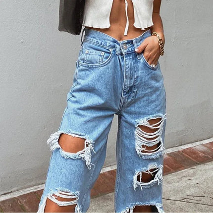 Jeans in denim effetto consumato da donna Pantaloni a tubo larghi casual dritti con foro strappato Street Style