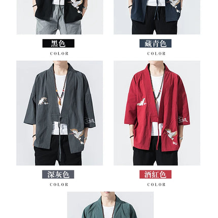 Camicie gru ricamate stile cinese retrò cotone lino Tang vestito Cardigan Mens tradizionale Kung Fu Tai Chi Casual Top camicette