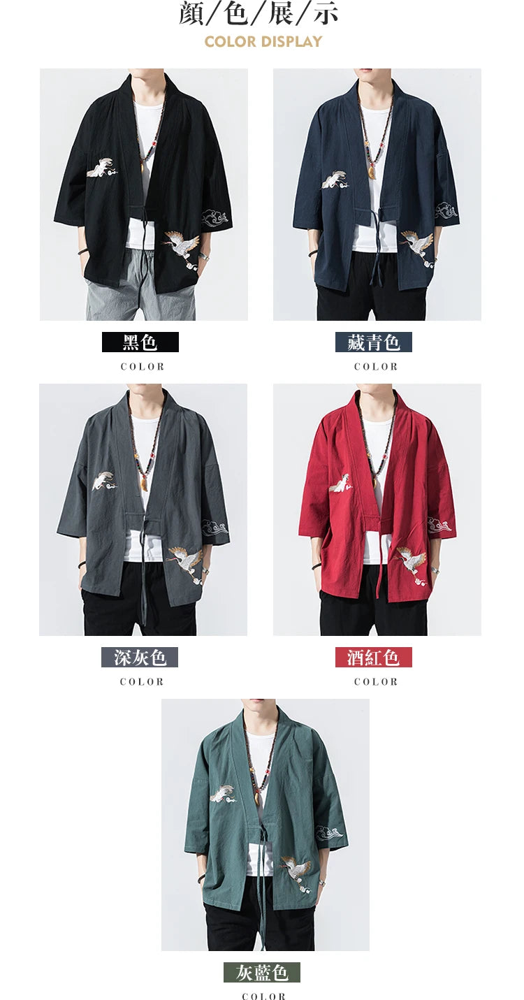 Camicie gru ricamate stile cinese retrò cotone lino Tang vestito Cardigan Mens tradizionale Kung Fu Tai Chi Casual Top camicette