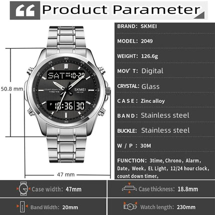 Skmei orologio da polso analogico al quarzo da uomo cinturino in acciaio inossidabile di lusso Led impermeabile digitale sportivo sveglia a tre fusi orari platinumshop