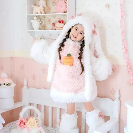 Cartoon Children Plush Rabbit Cosplay Costume Kawaii Kids Winter Warm Sets Top Pants Hat Suit Girl Halloween Party Outfits Gift