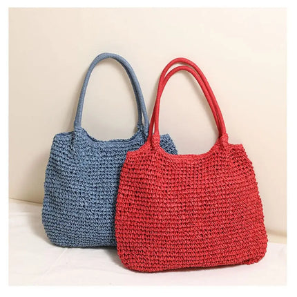 Fashionable Straw Tote Bag Large Capacity Woven Beach Bag Solid Color Casual Square Beach Bag