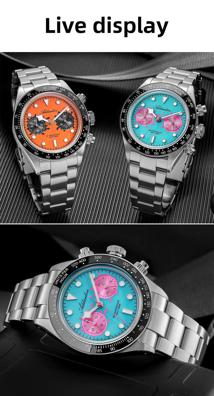 ADDIESDIVE VK64 Watches Men New Quartz Wristwatch Luxury Ceramic Bezel Chronograph BGW9 Luminous Diving 100m Waterproof AD2520