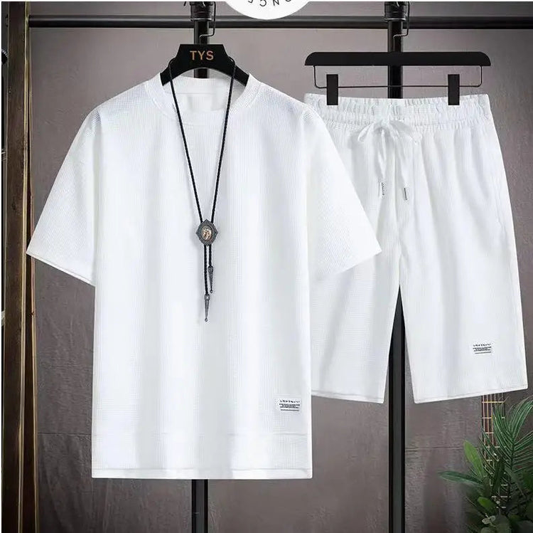 2026 nuovi set di waffle da uomo estivi T-shirt e pantaloncini casual Set tuta sportiva maschile tuta tinta unita abiti larghi platinumshop