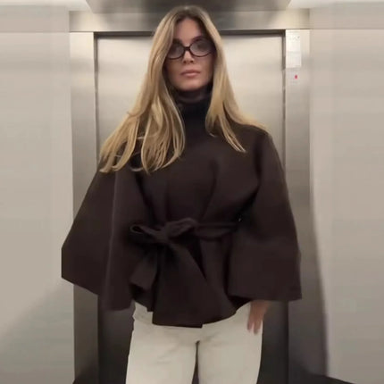 Women's Elegant Midi Cape Coat with Stand Collar Three Quarter Flared Sleeves Solid Color Belted Loose Fit Poncho For Woman