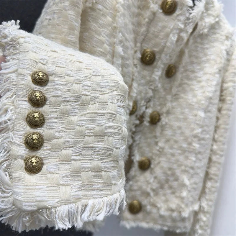 Women's jacket New autumn 2025 double breasted slim long sleeved top tweed weave Women's coat Cotton blend round neck outerwears