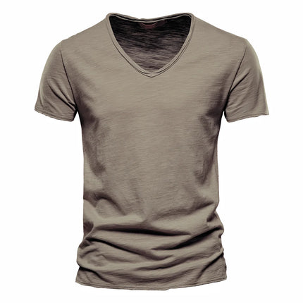 Men's 100% Cotton Branded Quality T-shirt V-Neck Fashion Design Slim Fit Solid Men's T-shirt Top Tees Short Sleeve T-shirt for Men