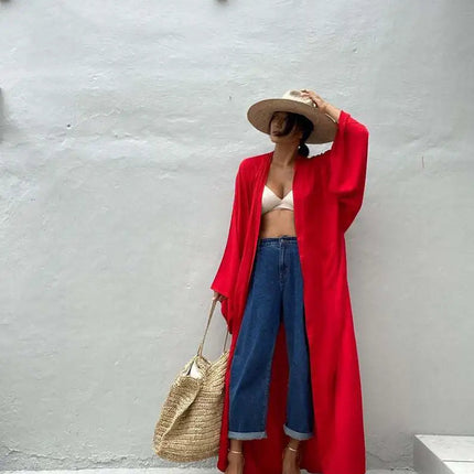 Solid Beach Cover Up Women Self Belted Wrap Kimono Dress Costume da bagno 2025 New Robe Summer Beachwear Fornitura in fabbrica platinumshop