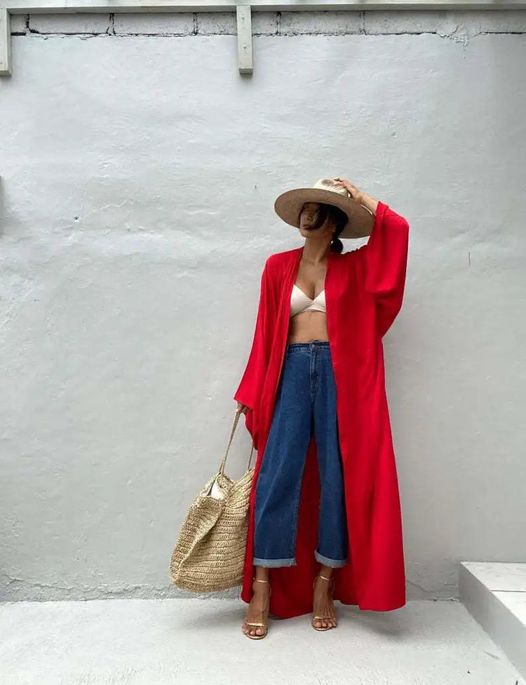 Solid Beach Cover Up Women Self Belted Wrap Kimono Dress Costume da bagno 2025 New Robe Summer Beachwear Fornitura in fabbrica platinumshop