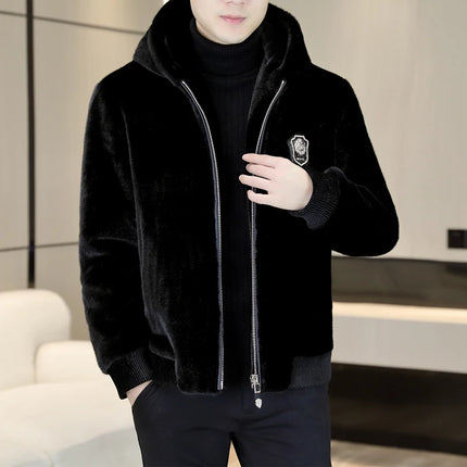 Autumn Winter Faux Fur Hooded Jacket Men Fashion Social Faux Mink Fur Casual Business Jacket Thick Warm Outdoor Windproof Coat
