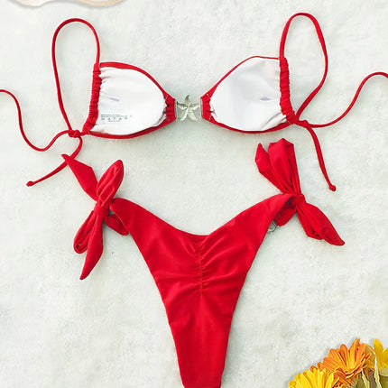 Costume da bagno bikini sexy push-up a vita bassa, nuovo modello 2026, da donna, con spalline, rosso tinta unita, per la spiaggia