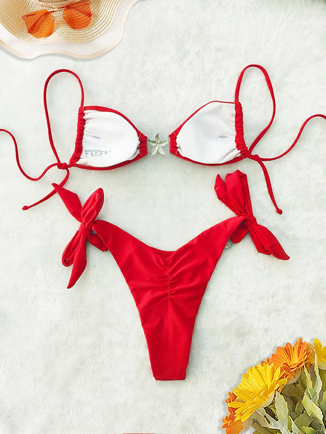 Women's New 2026 Model Sexy Push-up Low-waist Bikini Swimsuit with Straps, Solid Red, for the Beach